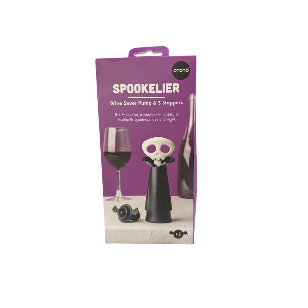 OTOTO Spookelier Wine Saver Vacuum Pump 3 Stoppers Skull Bat New